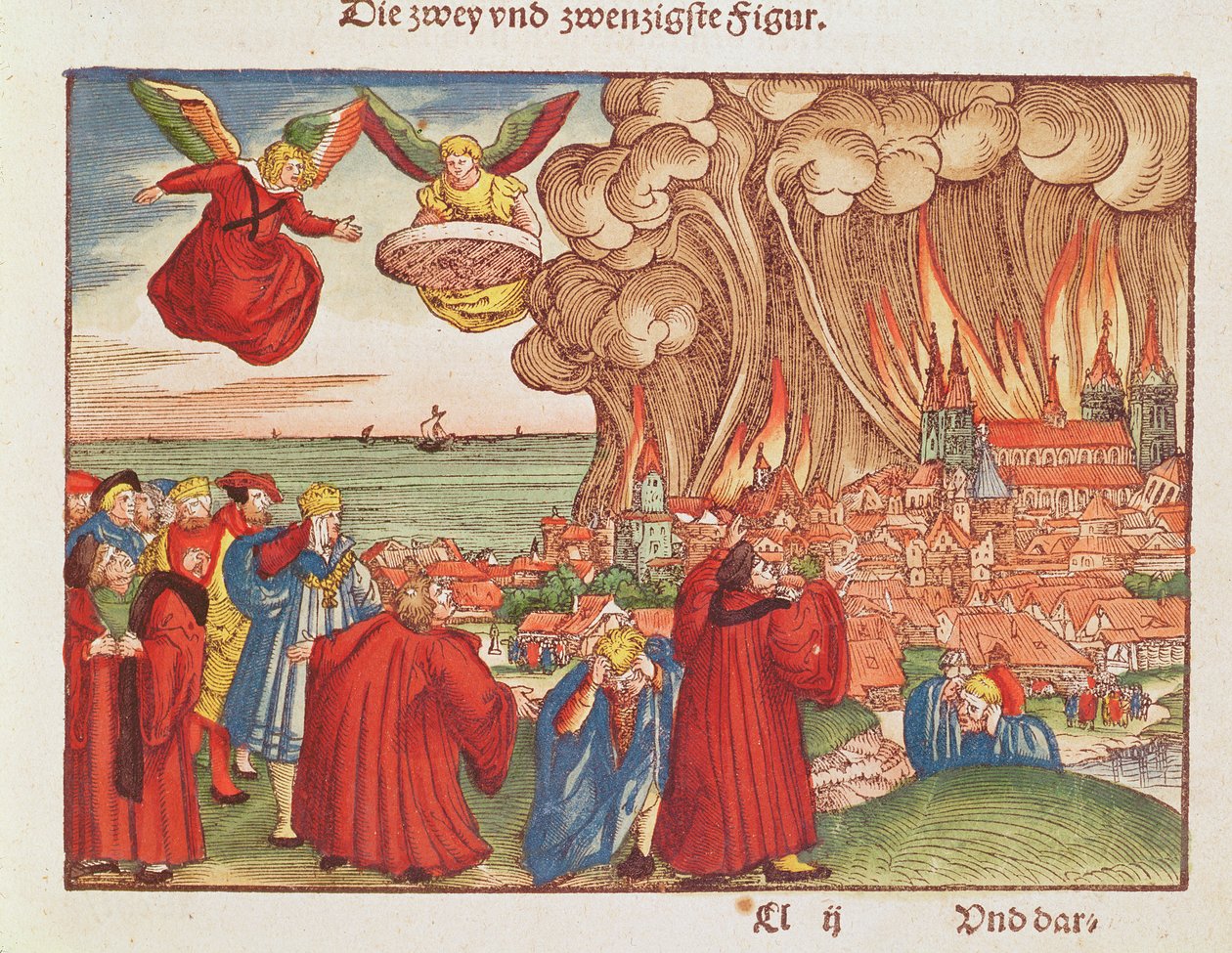 Apocalisse 18: Babilonia in fiamme, 1a edizione, dalla Bibbia di Lutero, c.1530 (xilografia colorata) da German School