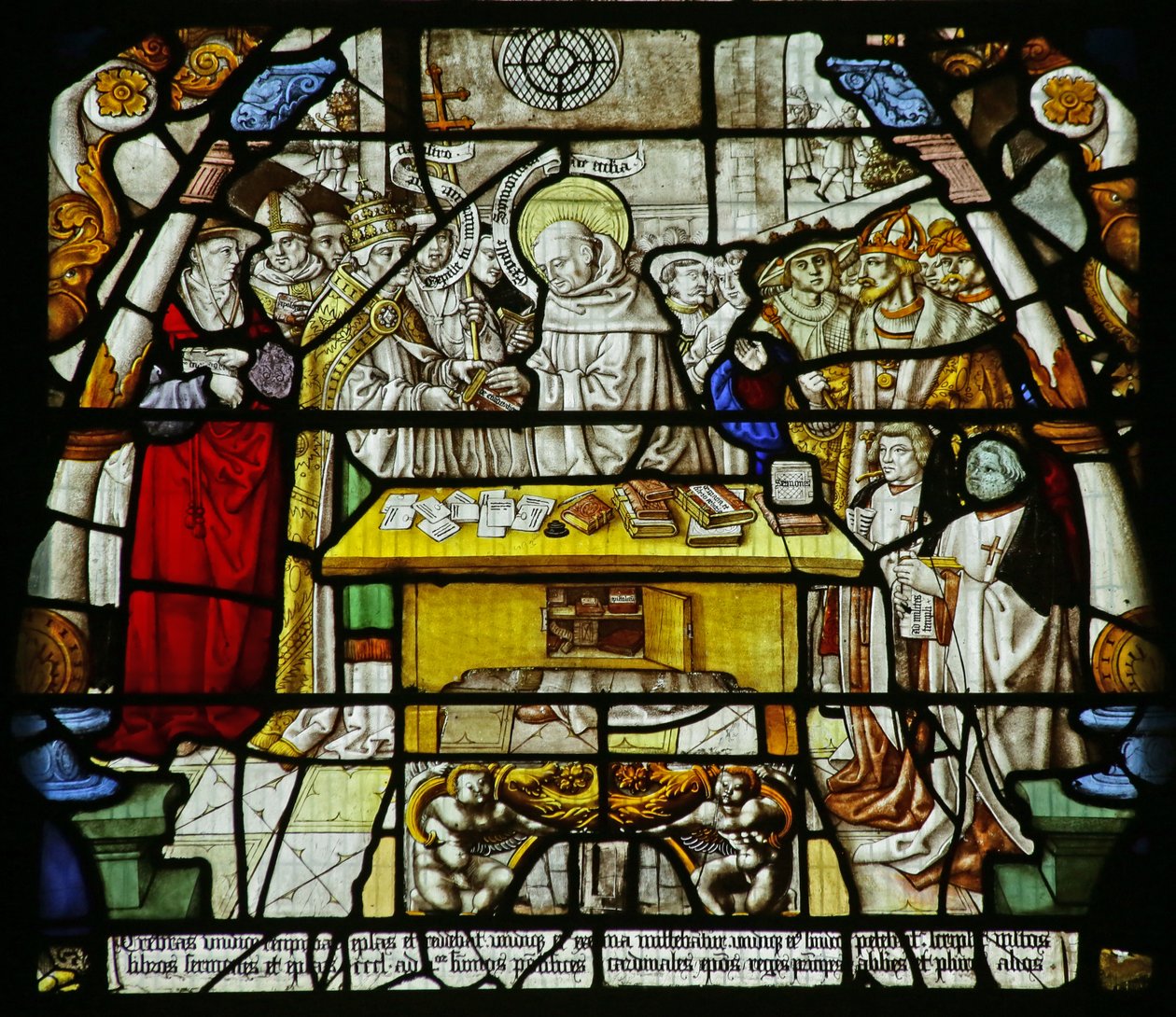 San Bernardo distribuisce i suoi scritti a vescovi, un papa e altri, c.1500 da German School
