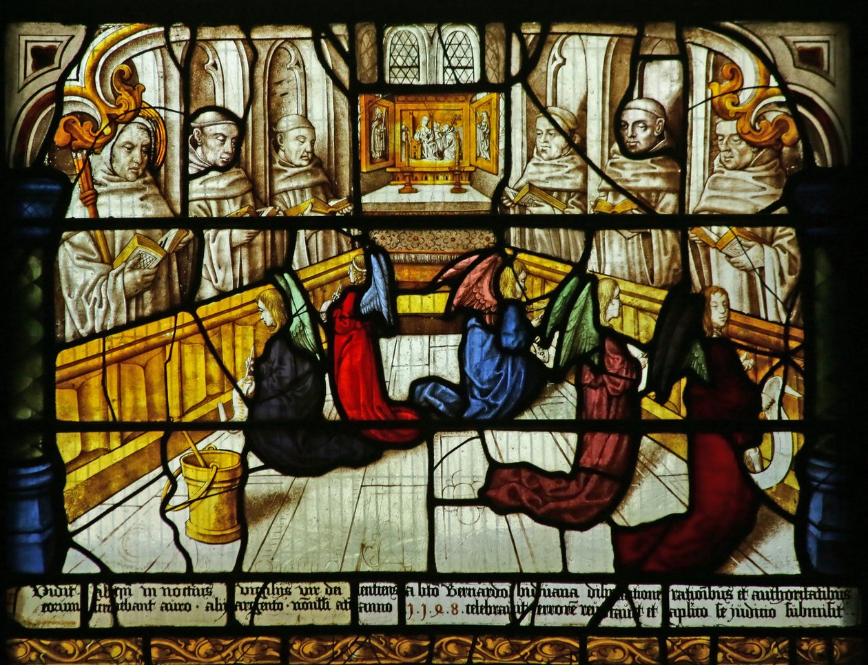 San Bernardo ha una visione di angeli che monitorano i monaci che cantano, c.1500 da German School