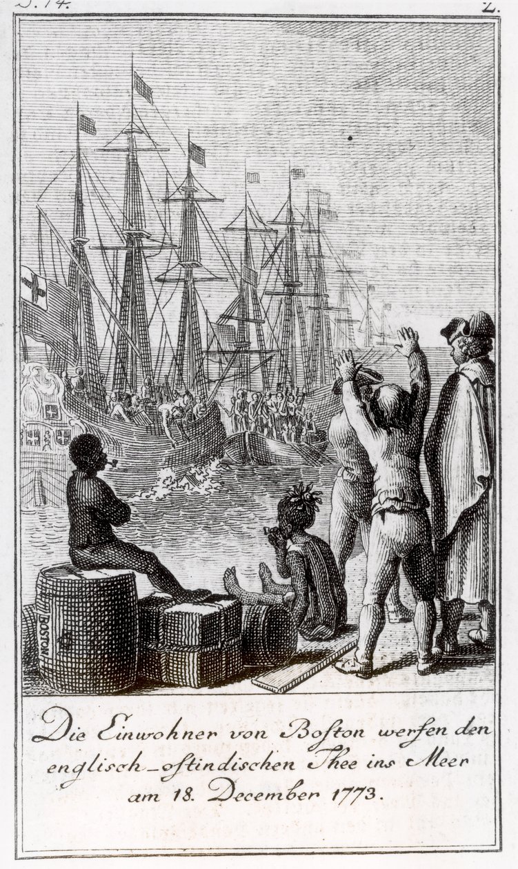 Gli abitanti di Boston gettano il tè inglese-indiano orientale in mare, 18 dicembre 1773 da German School