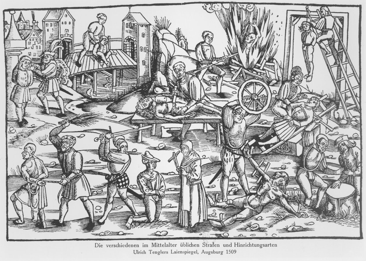 Le punizioni usuali in Germania durante il Medioevo, illustrazione da Laienspiegel di Ulrich Tengler, pubblicato ad Augusta 1509 da German School