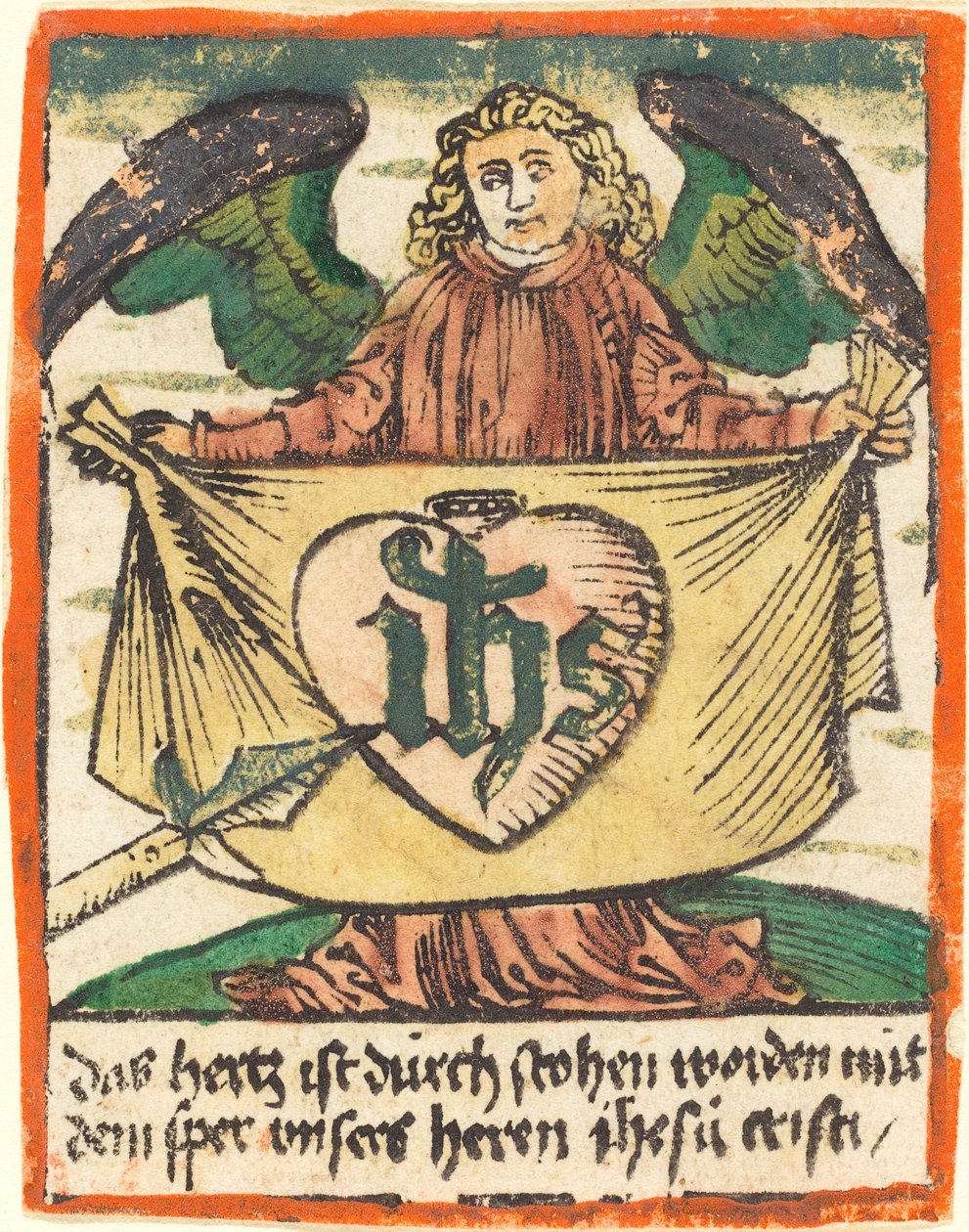 Monogramma sacro in un Sacro Cuore su un panno tenuto da un angelo da German 15th Century