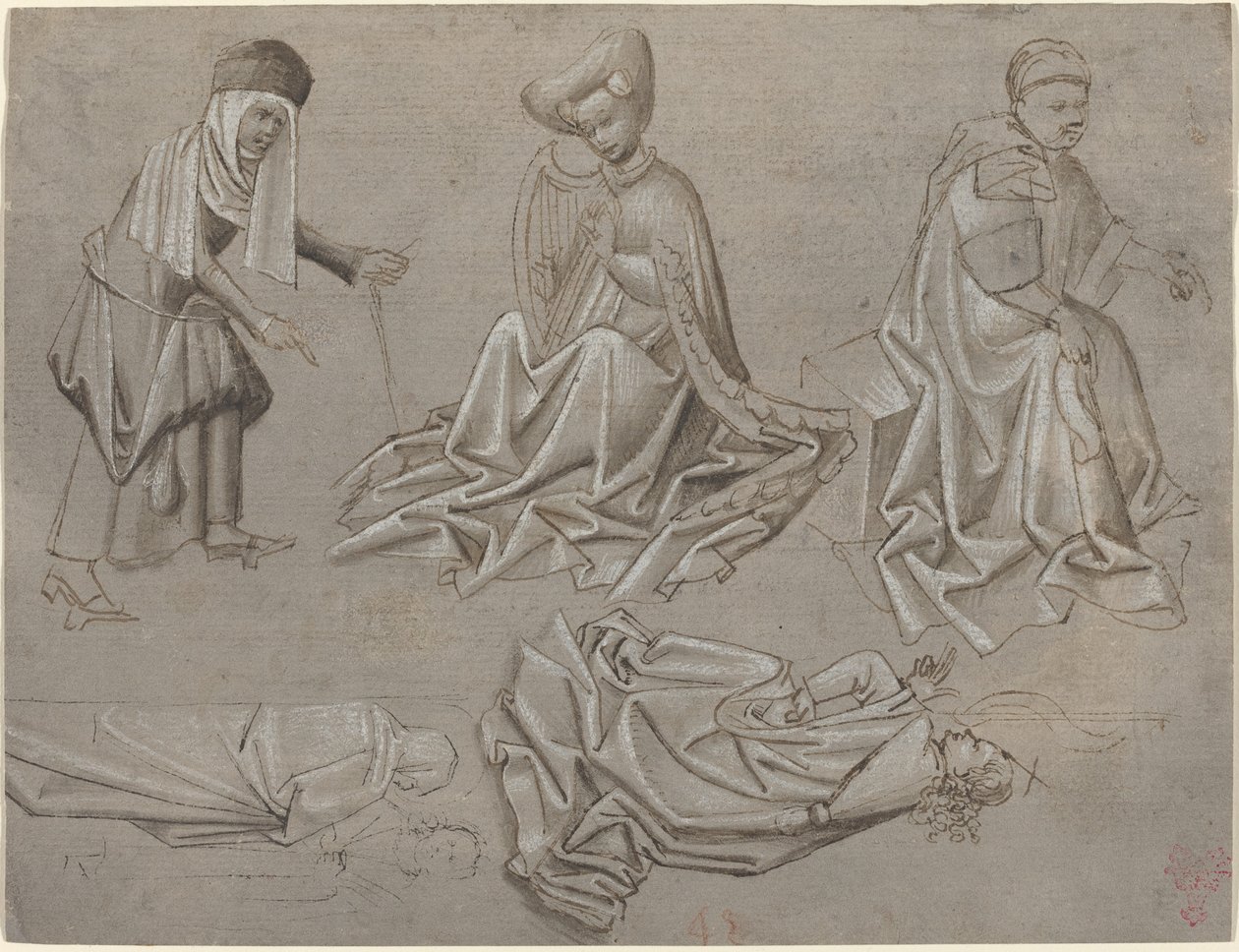 Studi per Sei Figure (foglio da un libro di modelli) [recto] da German 15th Century
