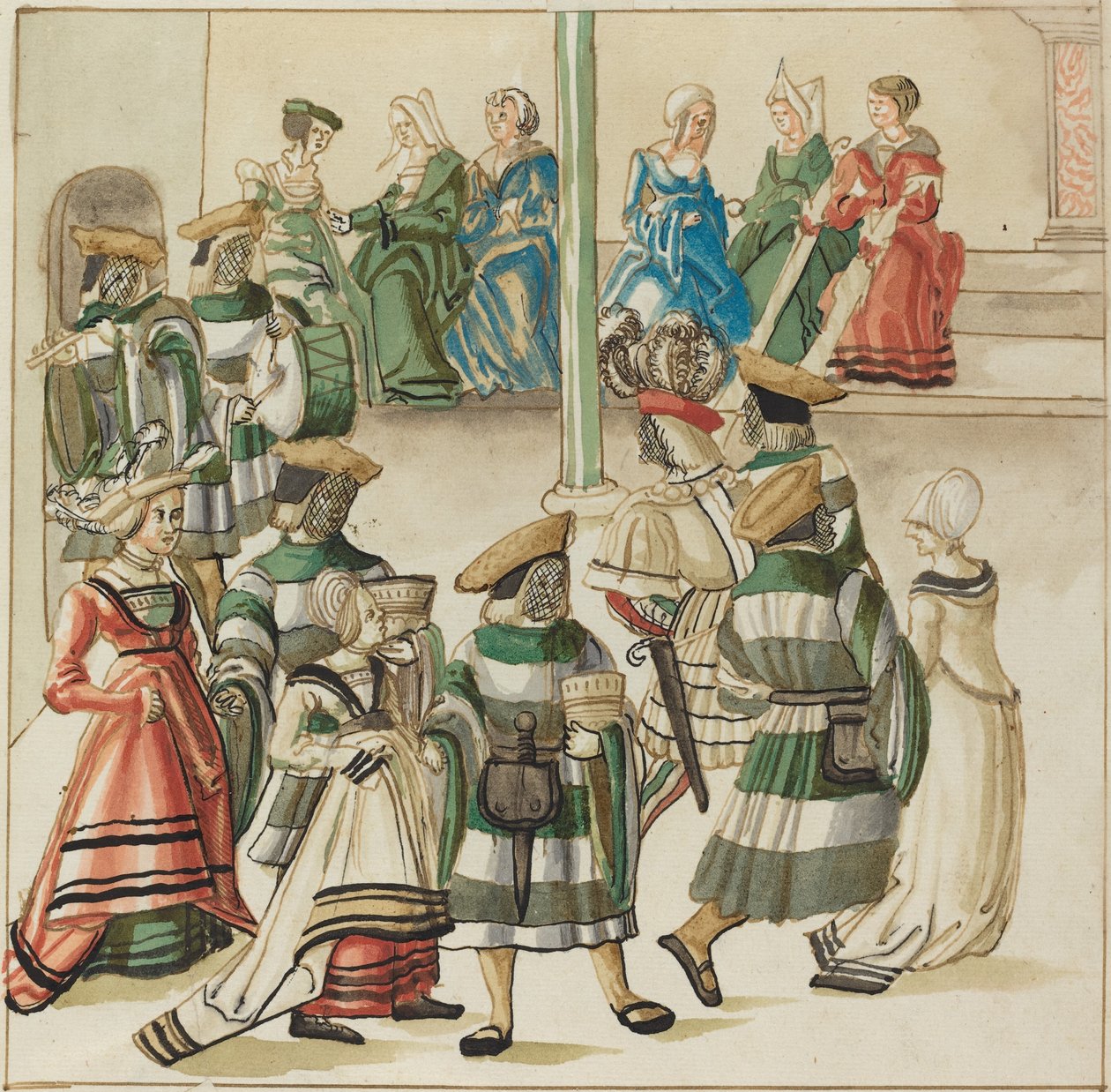 Tre coppie danzanti guidate da due cavalieri in una stanza con colonna da German 16th Century