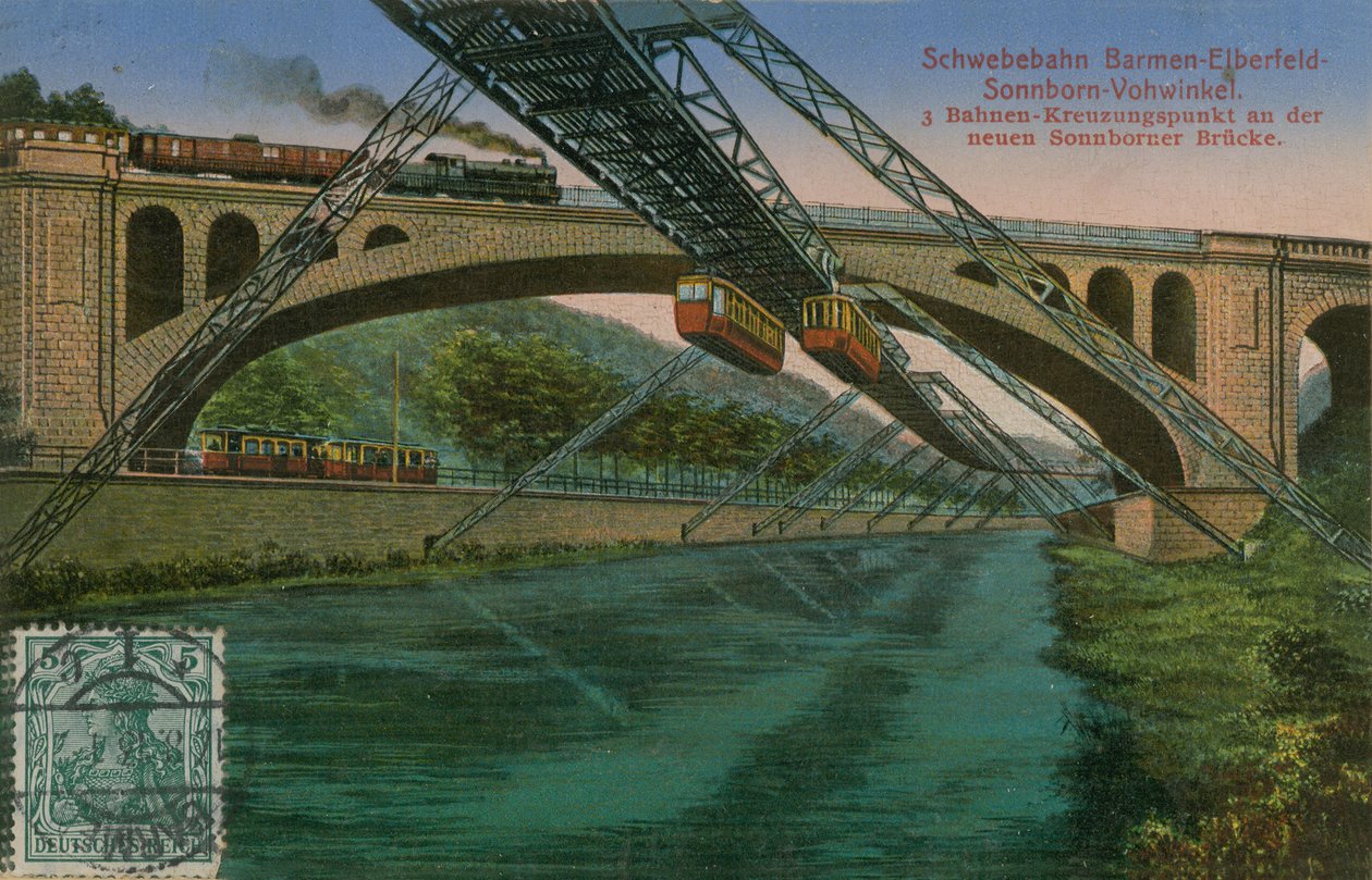 La ferrovia sospesa Barmen-Elberfeld-Sonnborn-Vohwinkel e il nuovo ponte di Sonnborn, Germania. Cartolina inviata nel 1913. da German Photographer