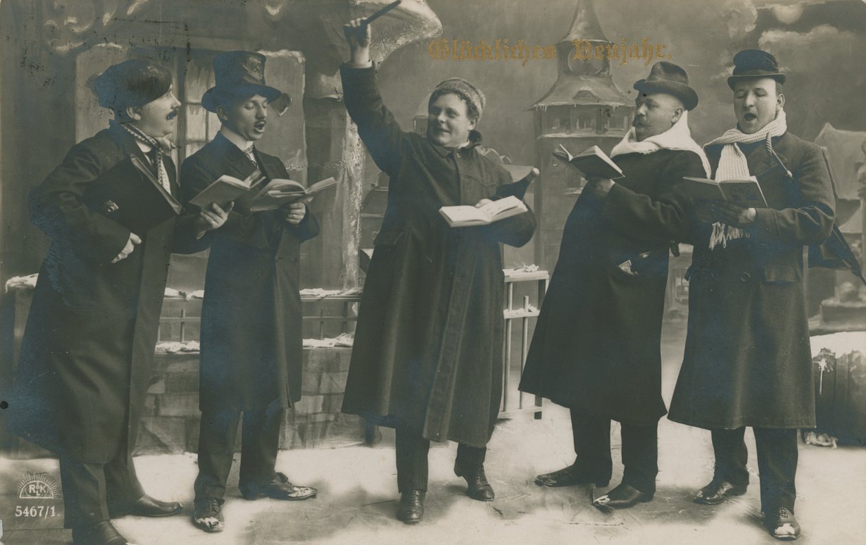 Cartolina di tedeschi che cantano al nuovo anno, inviata il 31 dicembre 1913 (foto b/n) da German Photographer