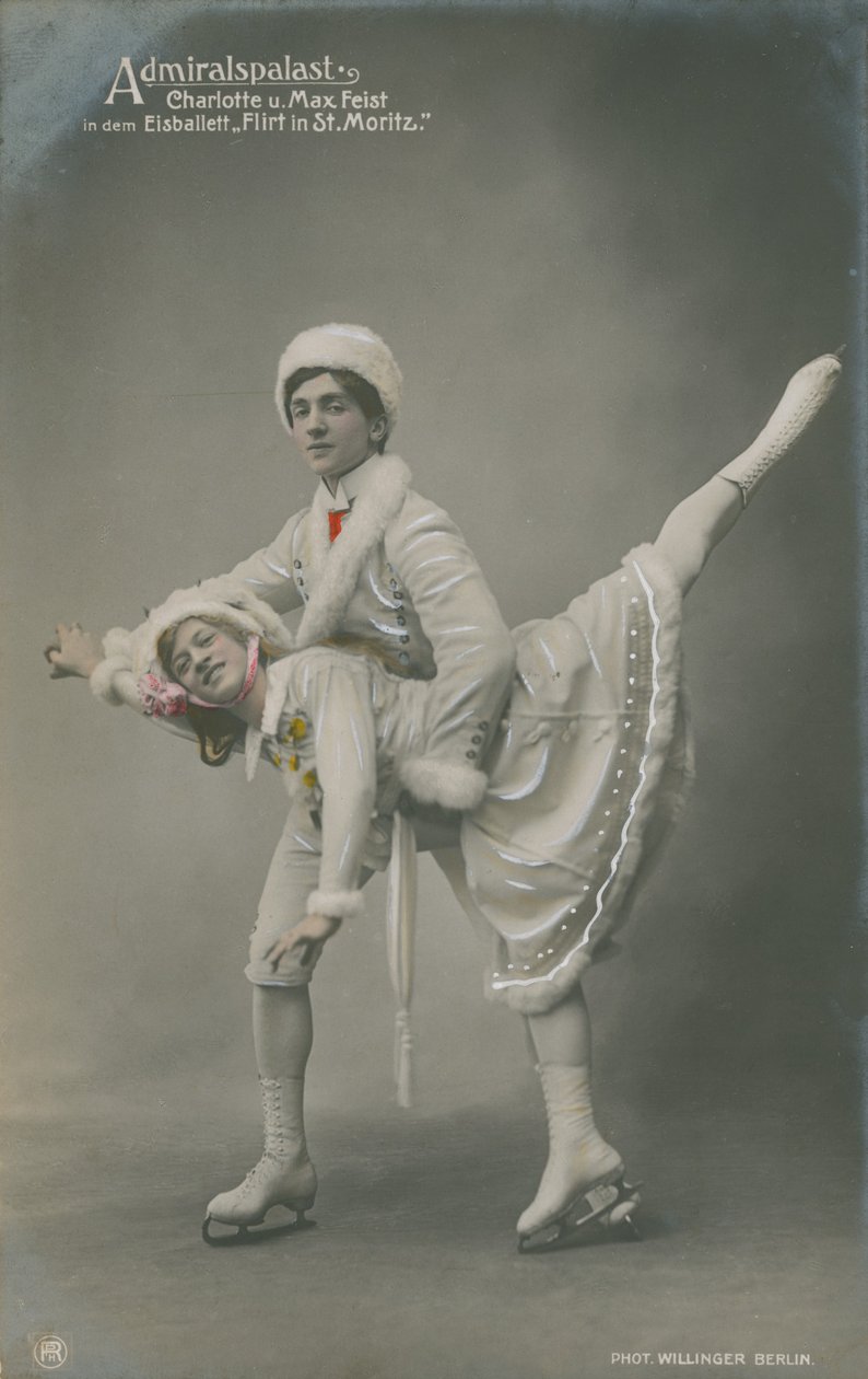 Cartolina di pattinatori su ghiaccio, inviata nel 1913 (foto colorata a mano) da German Photographer