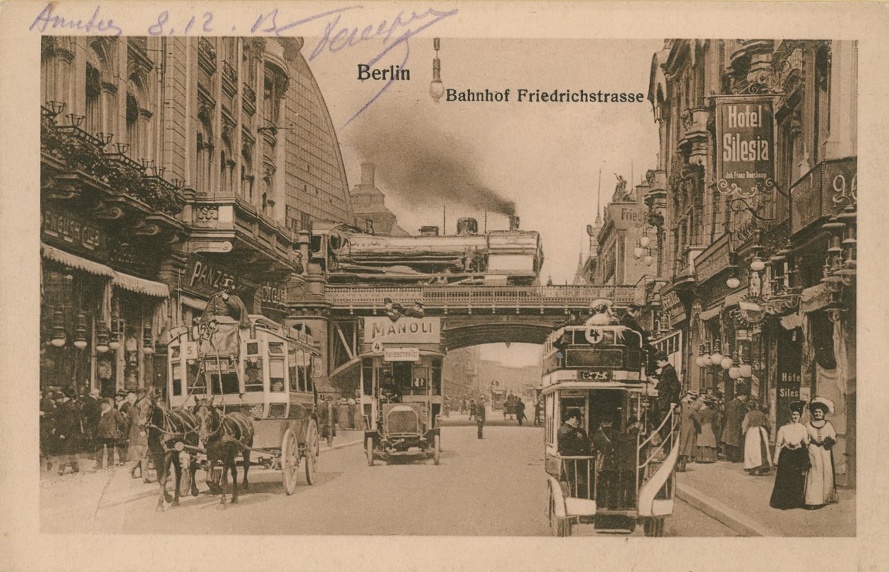 Cartolina della stazione ferroviaria di Friedrichstrasse, Berlino, inviata nel 1913 (foto b/n) da German Photographer