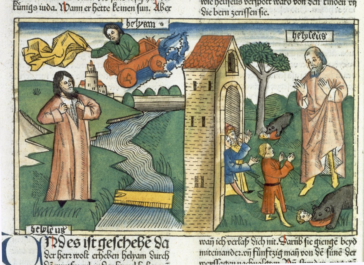 Elia ascende al cielo in un turbine e i ragazzi che deridono Eliseo sono mangiati dagli orsi, dalla Bibbia di Norimberga (Biblia Sacra Germanaica) da German School