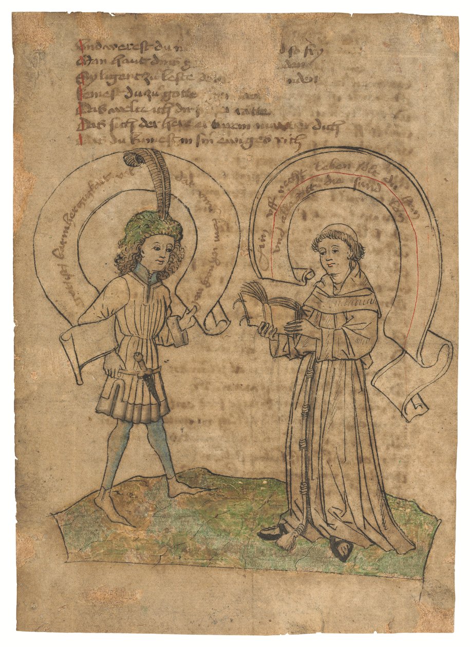 Un frate francescano e un giovane, illustrazione su un foglio di Das Spiegelbuch, in medio-alto tedesco, Svevia orientale, probabilmente Augusta, 1470 circa (inchiostro su carta) da German School