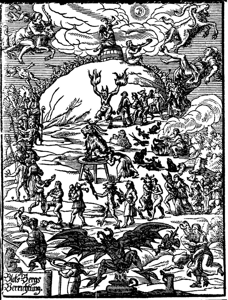 Cerimonia del sabba, un caprone che rappresenta il diavolo è al centro, circondato da streghe e demoni. Incisione tedesca del XVI secolo da German School