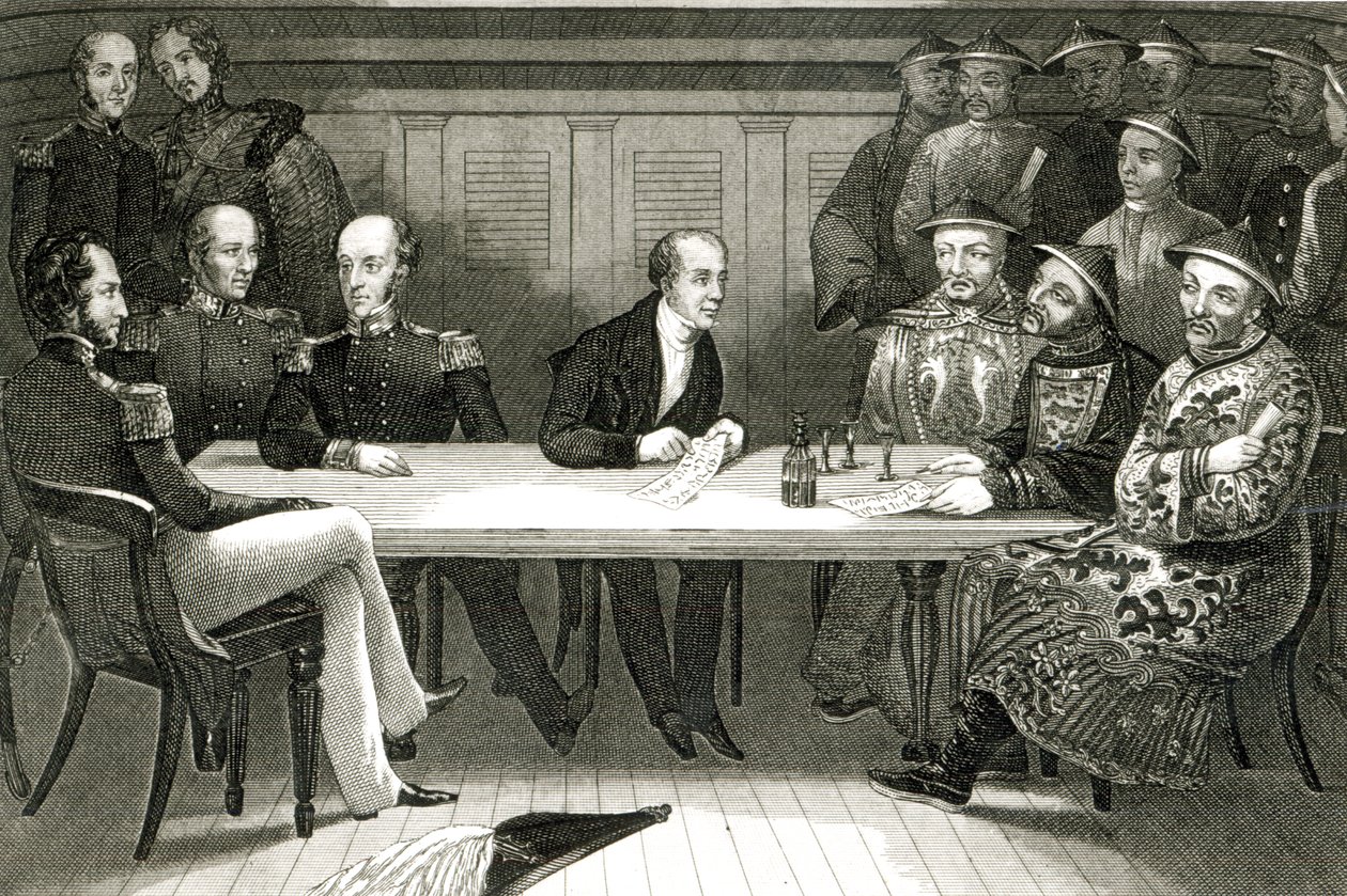 Una conferenza a Chusan tra il commodoro Bremer e Chang, un funzionario cinese, a bordo della HMS Wellesley, 4 luglio 1841 da German School