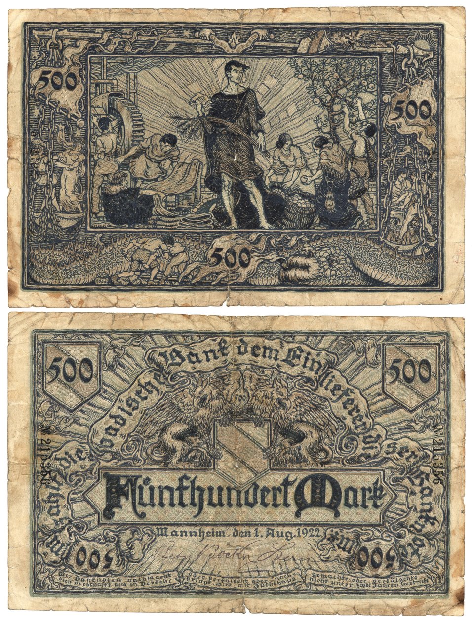 Una banconota da cinquecento marchi, 1922 (recto e verso) da German School