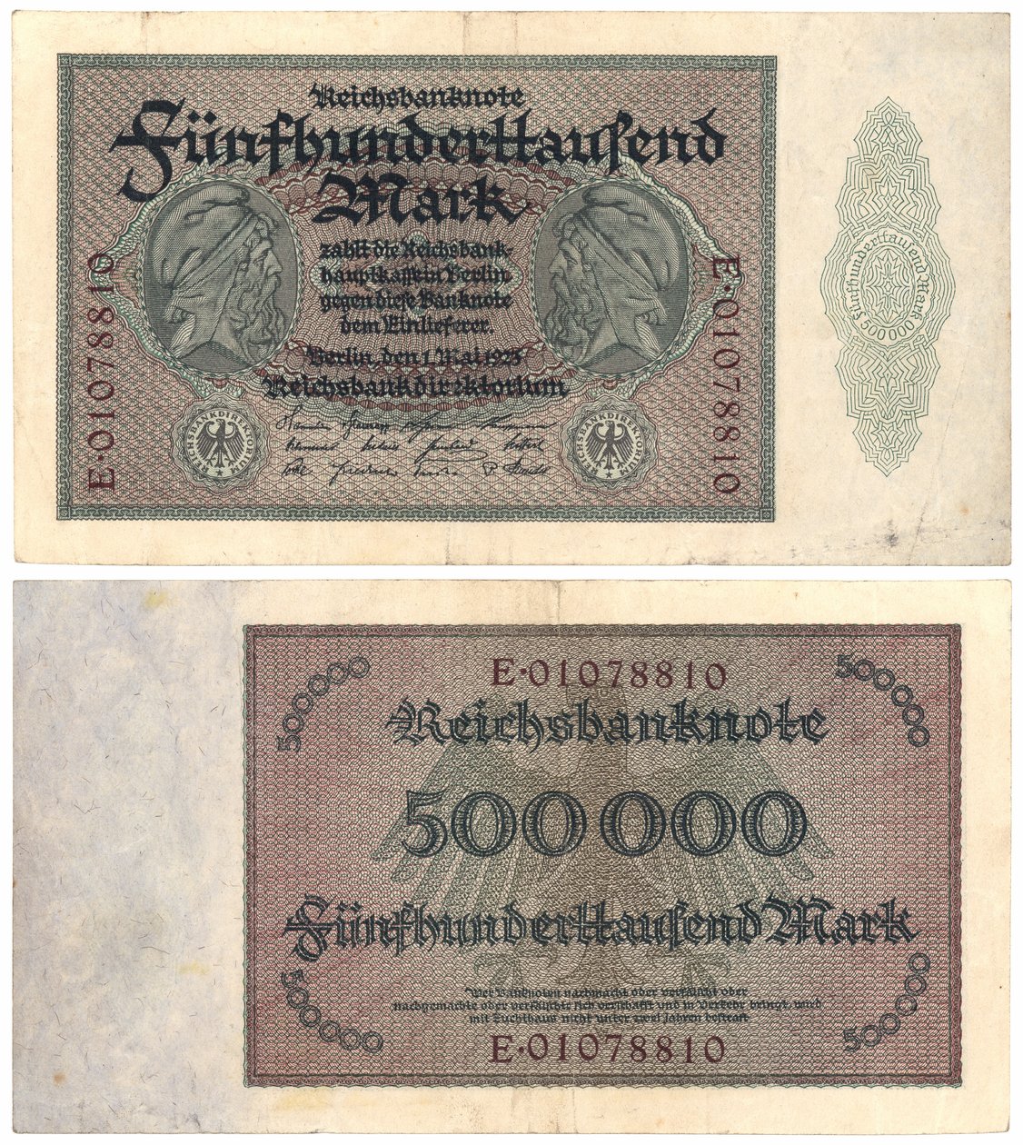 Una banconota da cinquecentomila marchi, 1923 (recto e verso) da German School