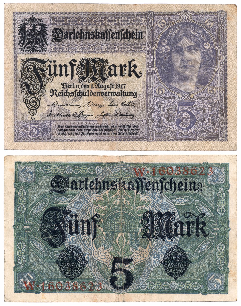 Una banconota da cinque marchi, 1917 (recto e verso) da German School