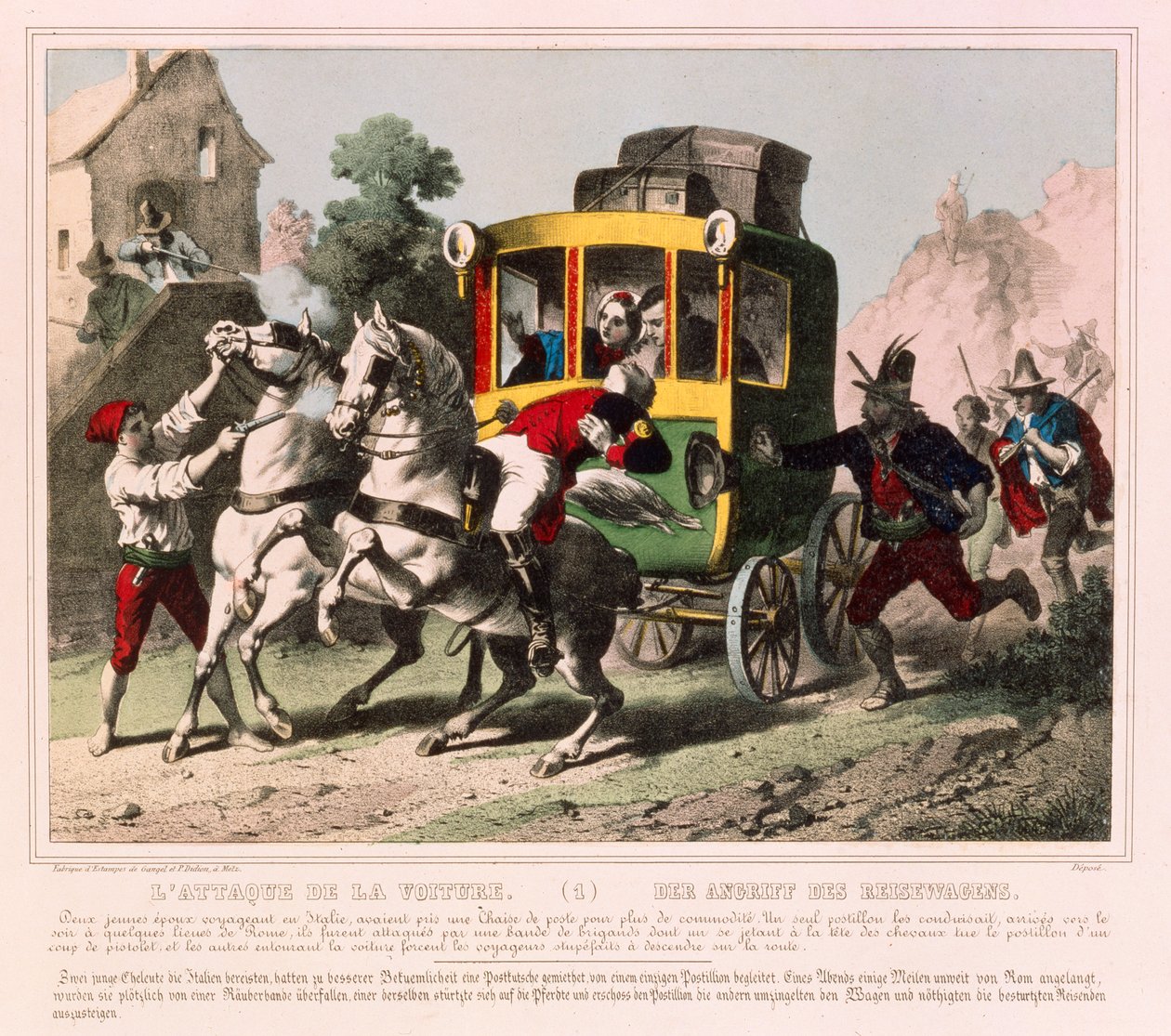 Una coppia in luna di miele viene attaccata da briganti in Italia, foglio illustrato pubblicato da Gangel & P. Didion, Metz, c.1850 da German School