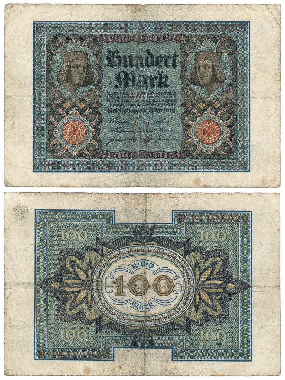 Una banconota da cento marchi, 1920 (recto e verso) da German School