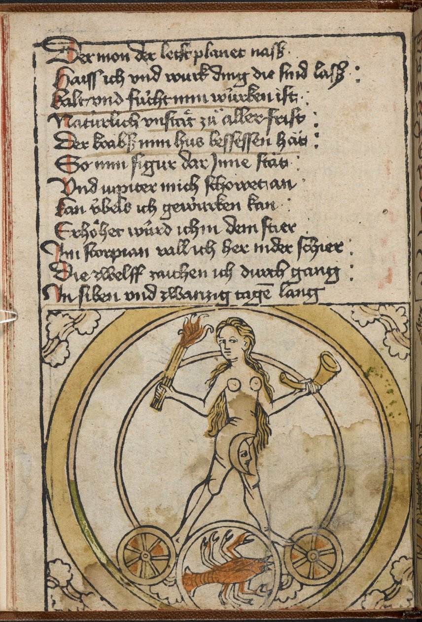 Una figura femminile nuda che tiene una torcia accesa. Uno scorpione che rappresenta lo Scorpione. da German School