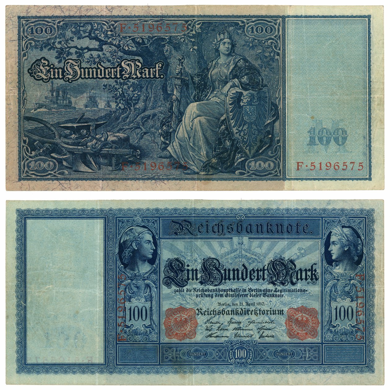 Una banconota da cento marchi, 1910 (recto e verso) da German School