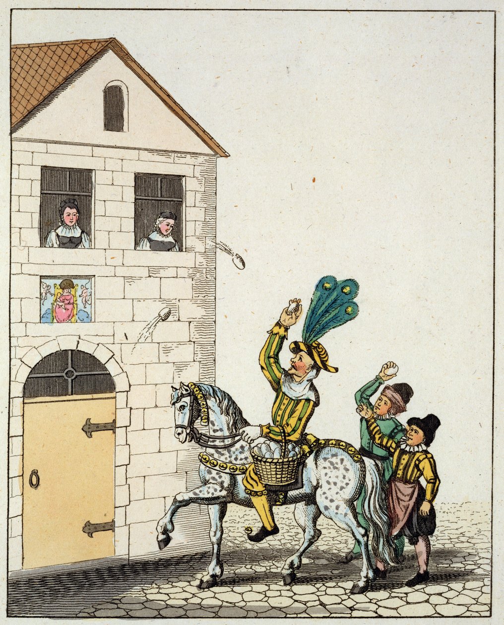 Una danza rotonda nella piazza principale della città, dalle usanze di Norimberga antica e giullare su un cavallo pezzato che lancia uova, dalle usanze e pratiche di Norimberga antica nei giochi e nelle canzoni, ripubblicato 1831 da German School