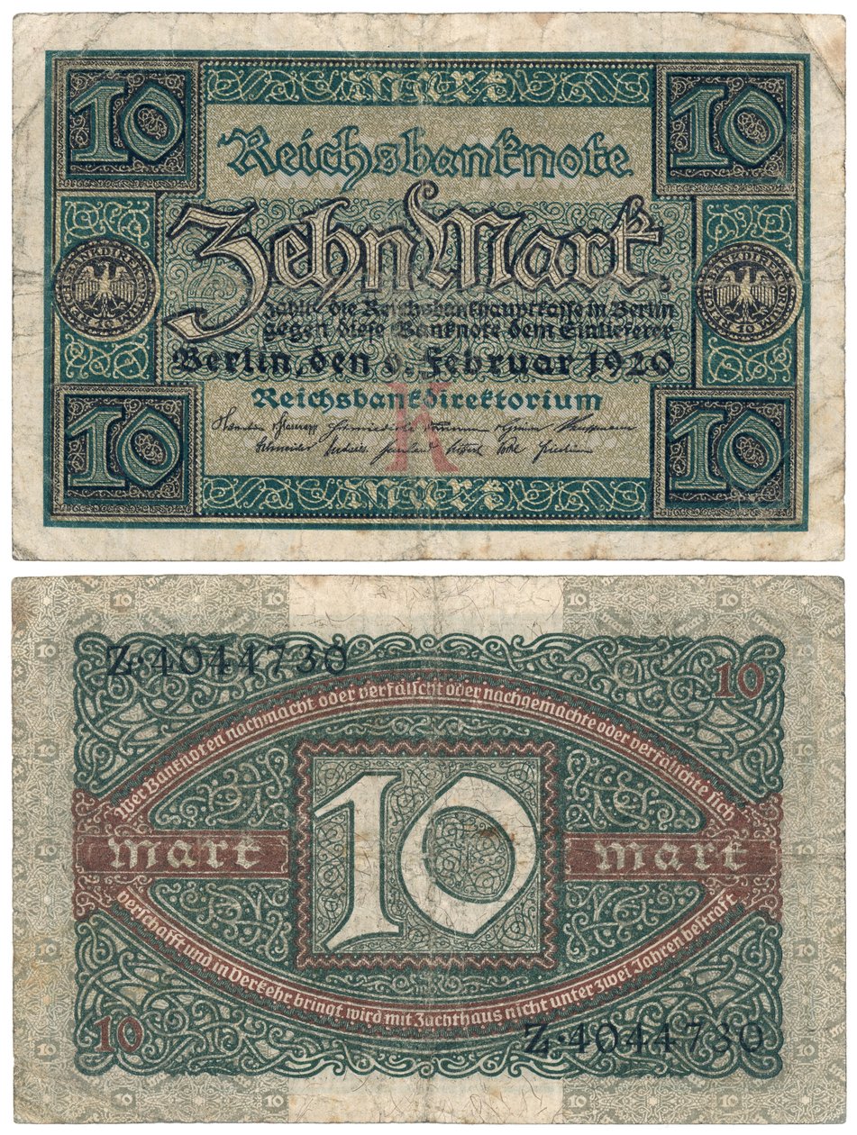 Una banconota da dieci marchi, 1920 (recto e verso) da German School