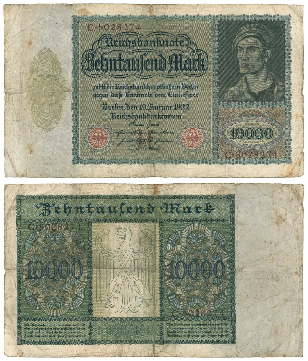 Una banconota da diecimila marchi, 1922 (recto e verso) da German School