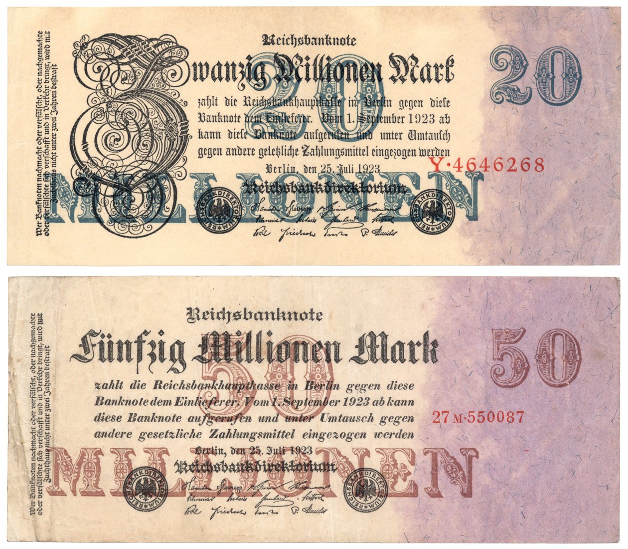 Banconote da venti e cinquanta milioni di marchi, 1923 da German School