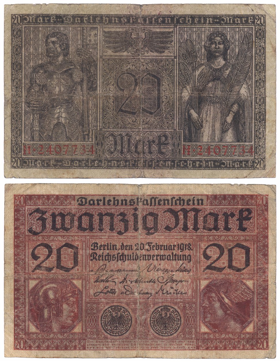 Una banconota da venti marchi, 1918 (recto e verso) da German School