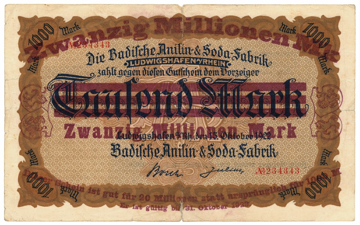 Una banconota da venti milioni di marchi, 1922 da German School