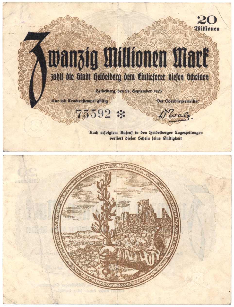 Una banconota da venti milioni di marchi, 1923 (recto e verso) da German School