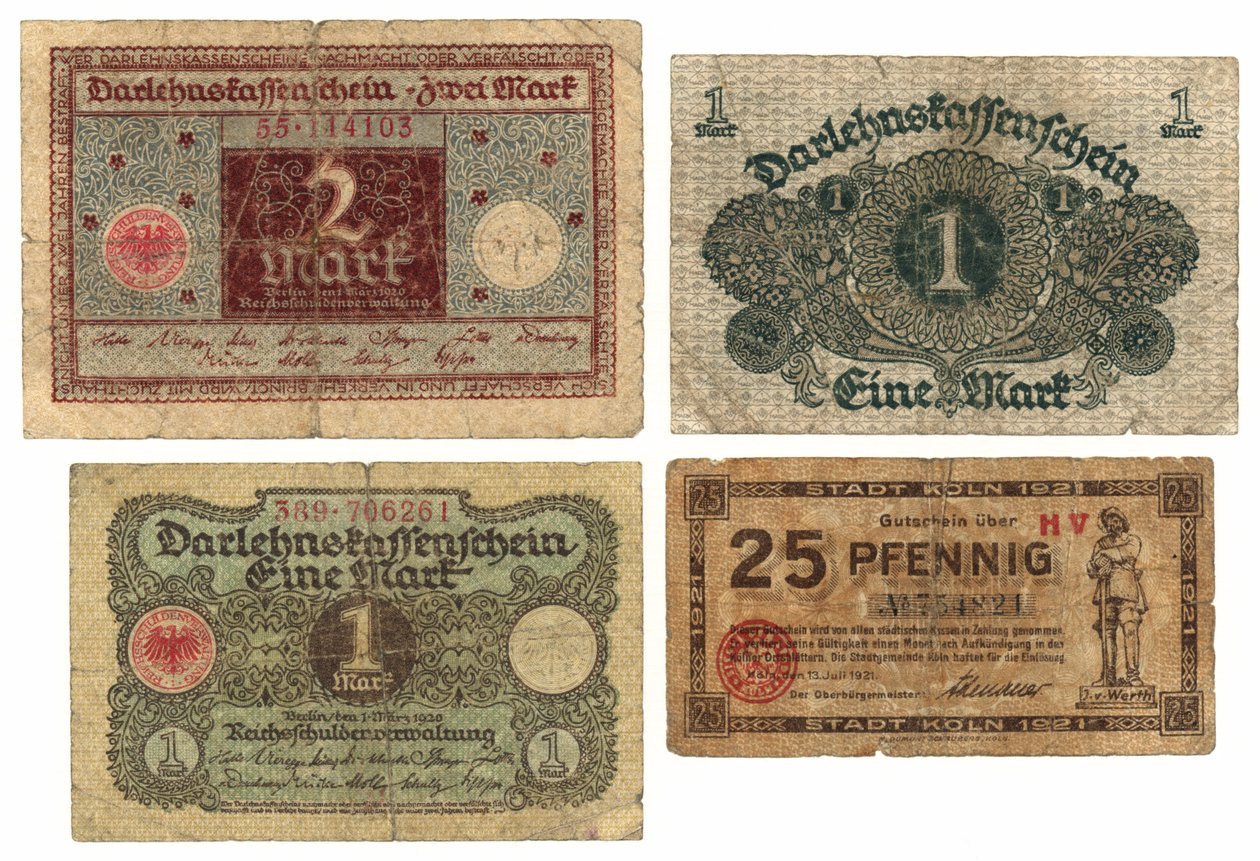 Una banconota da due marchi, due banconote da un marco e una banconota da venticinque pfennig, 1920-21 da German School