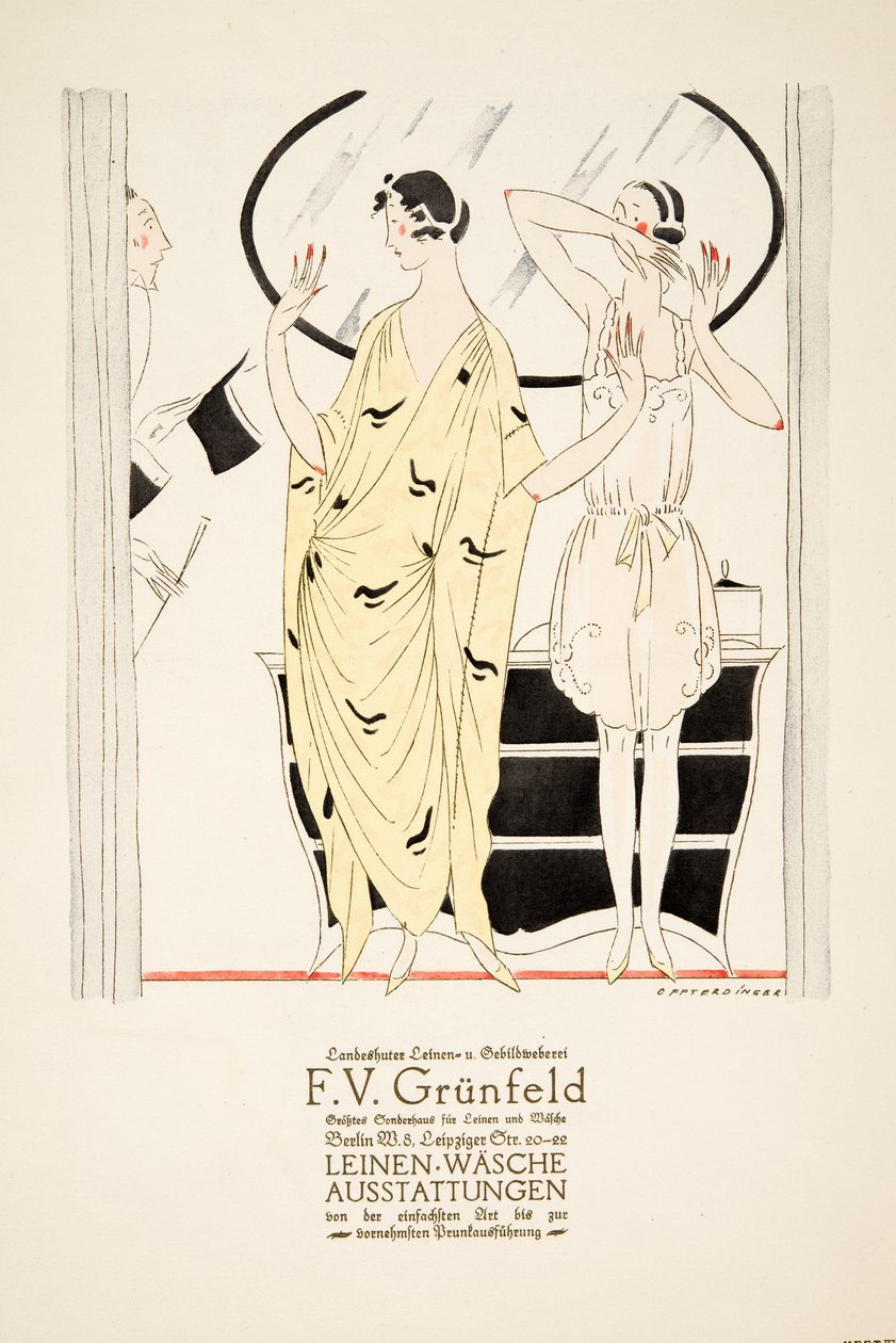 Pubblicità per "F.V. Grunfeld", da Styl, pub.1922 (stampa a pochoir) da German School