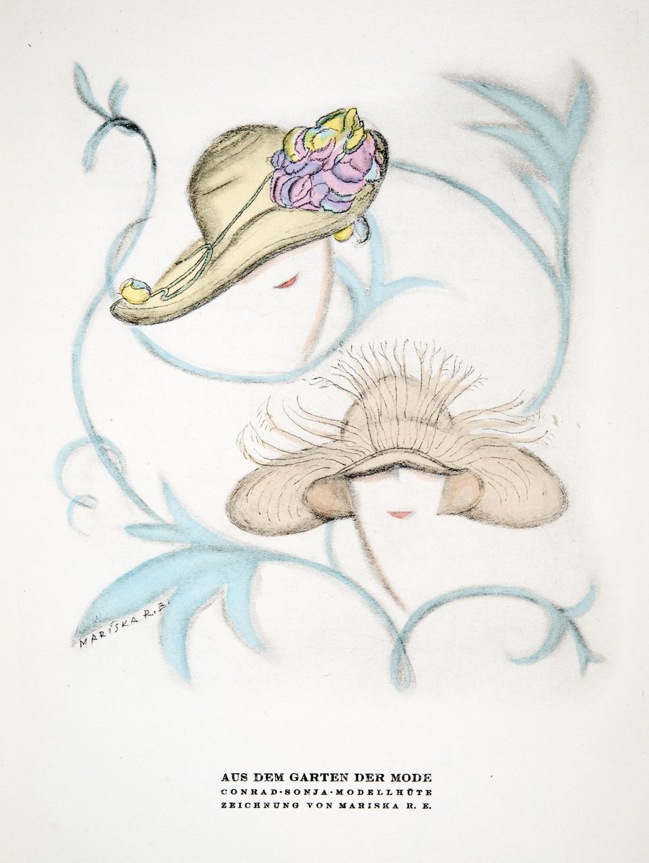 Pubblicità per i cappelli di Conrad Sonja, da Styl, pub.1922 (stampa pochoir) da German School