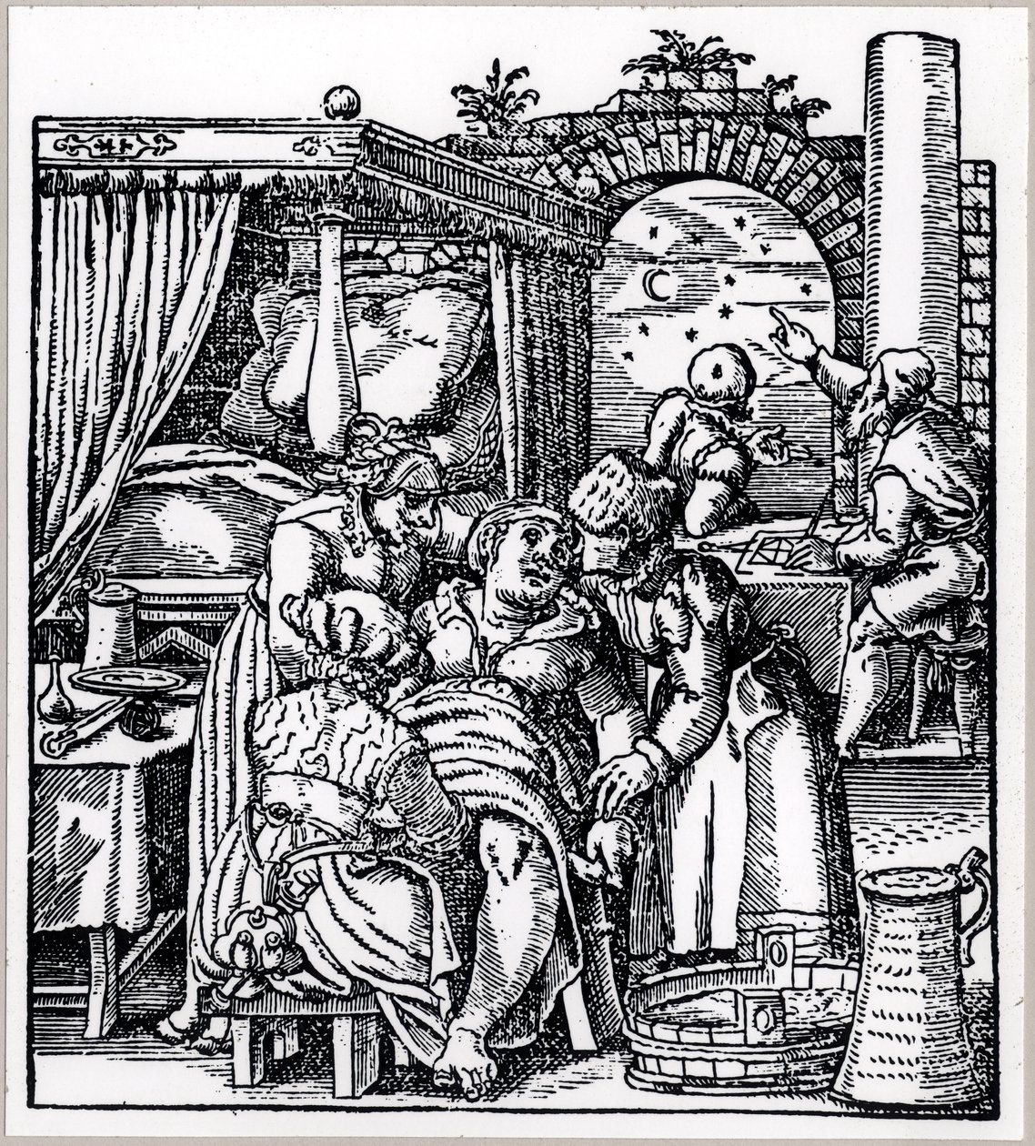 Astrologi che calcolano un oroscopo per il bambino nato da una donna su una sedia da parto, da De Conceptu et Generatione Hominis di Jacob Rueff, pubblicato a Francoforte, 1587 da German School