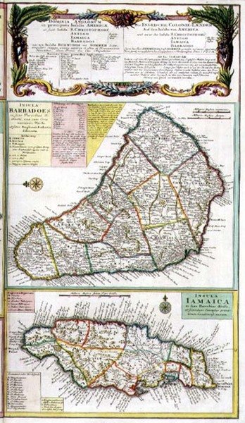 Barbados e Giamaica, dettaglio da una mappa delle colonie inglesi nei Caraibi, pub. dagli eredi di Homann, Norimberga, c.1750 (dettaglio) da German School