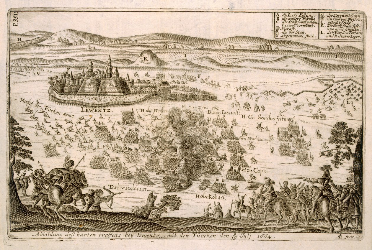 Battaglia vicino alla città di Levice nel 1664, illustrazione da un libro sulle campagne ottomane in Europa, inciso da Paul Furst (c.1605-66) da German School