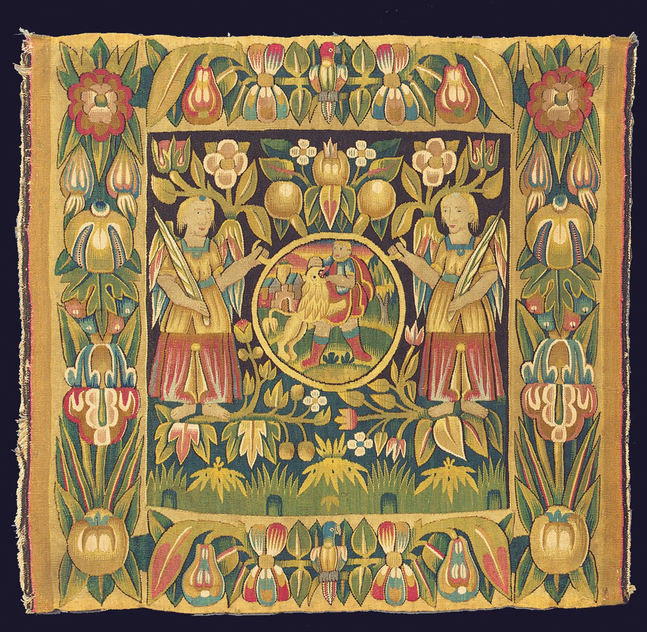 Pannello di arazzo biblico che raffigura Sansone e il Leone, probabilmente XVII secolo, Germania del Nord, Schleswig Holstein o Amburgo da German School