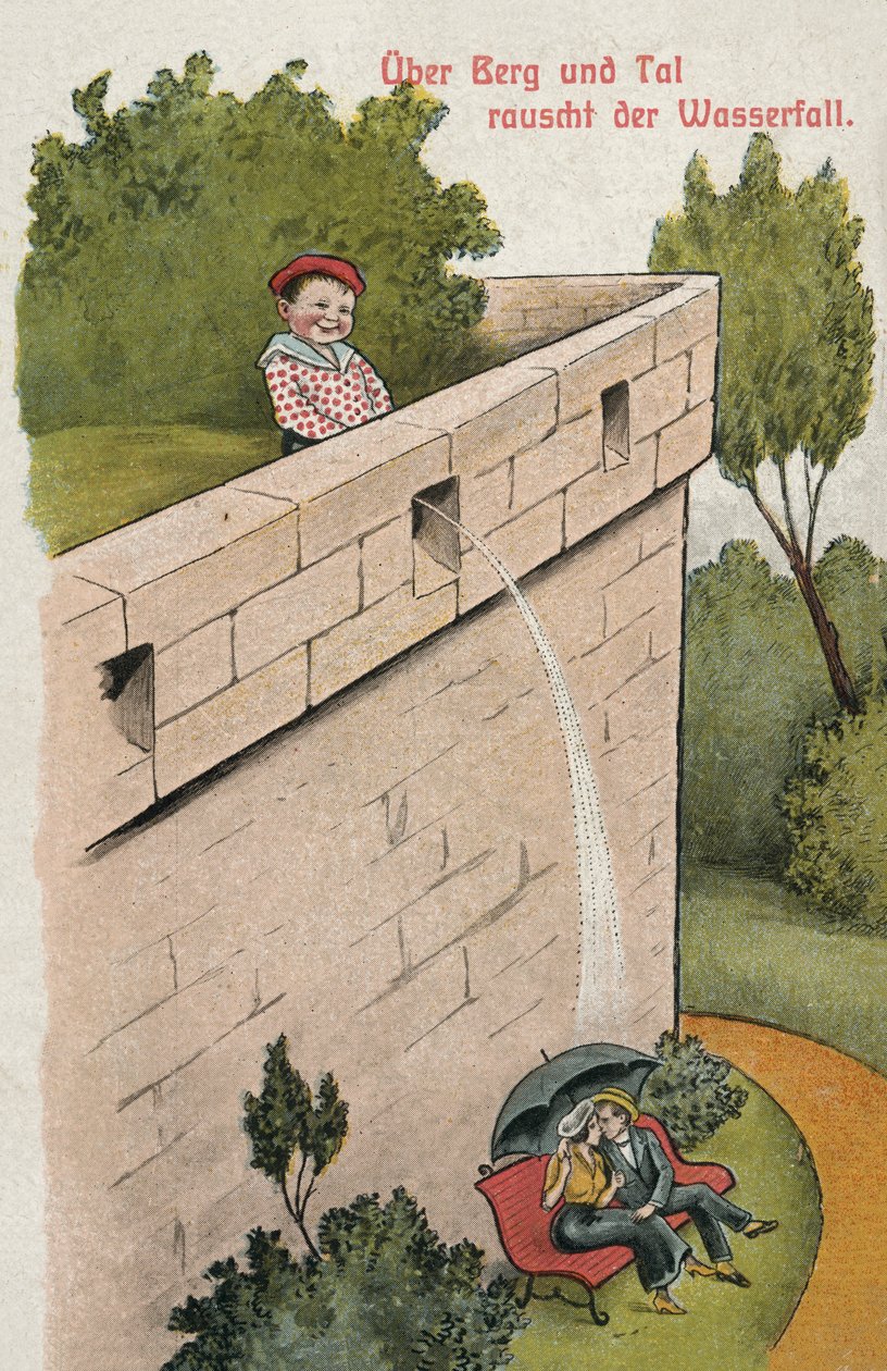 Ragazzo che urina su una coppia di corteggiatori (litografia a colori) da German School