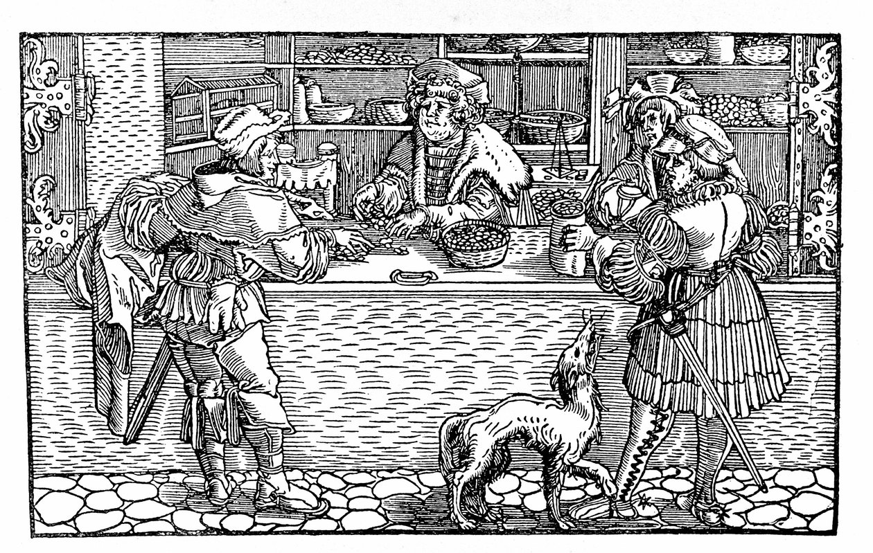Bureau de change e baratto. Xilografia tedesca del XVI secolo da German School