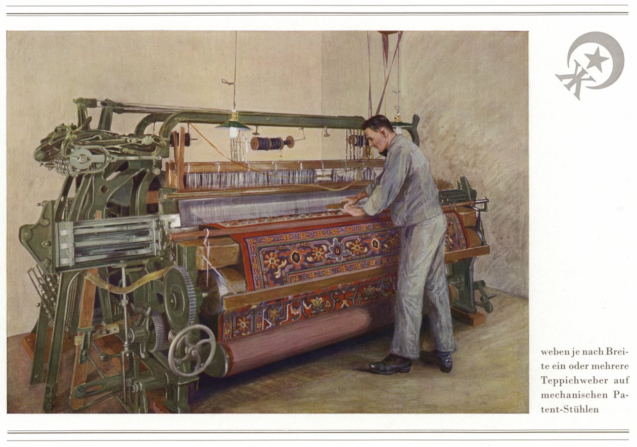 Attività dei produttori di tappeti Halbmond-Teppichfabrik Von Koch Und Te Kock (litografia a colori) da German School