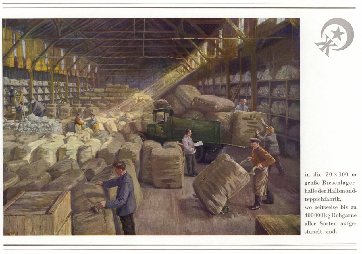 Attività dei produttori di tappeti Halbmond-Teppichfabrik Von Koch Und Te Kock (litografia a colori) da German School
