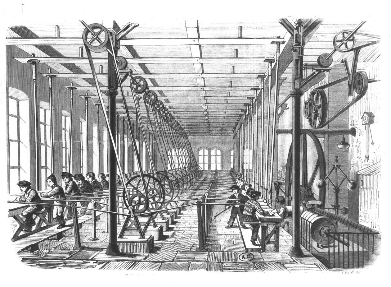 Bambini lavoratori nella fabbrica di carta ad Aschaffenburg, Germania, 1858 da German School