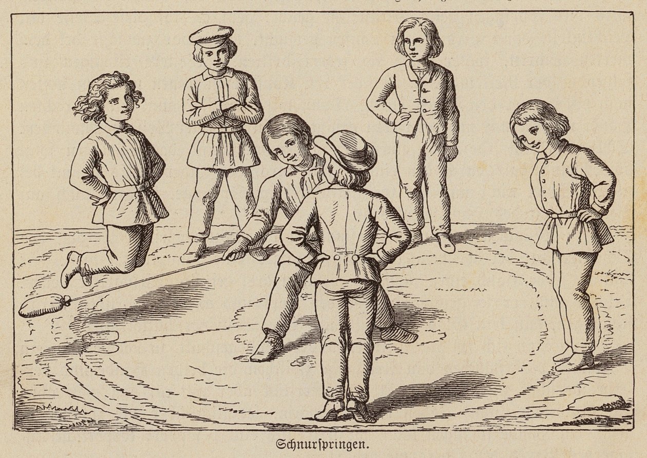 Bambini che saltano con la corda (incisione) da German School