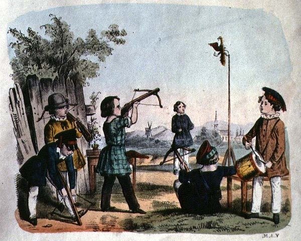 Bambini che Sparano a un Bersaglio con un Archibugio, c.1860 (incisione a colori) da German School
