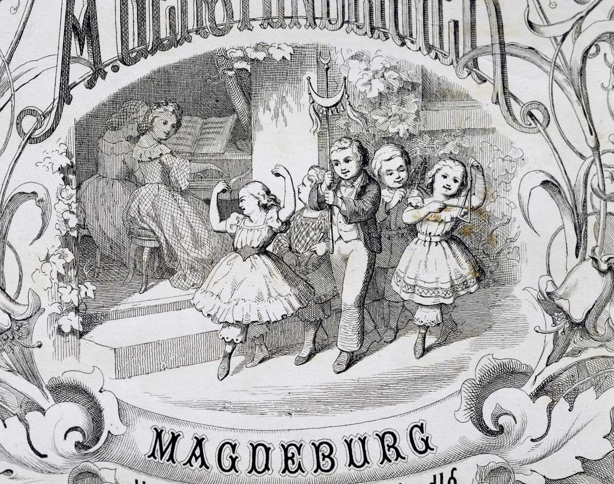 Scena di danza dei bambini, dettaglio della pagina del titolo della raccolta di musica e danze per bambini pubblicata a Magdeburgo, Germania da German School