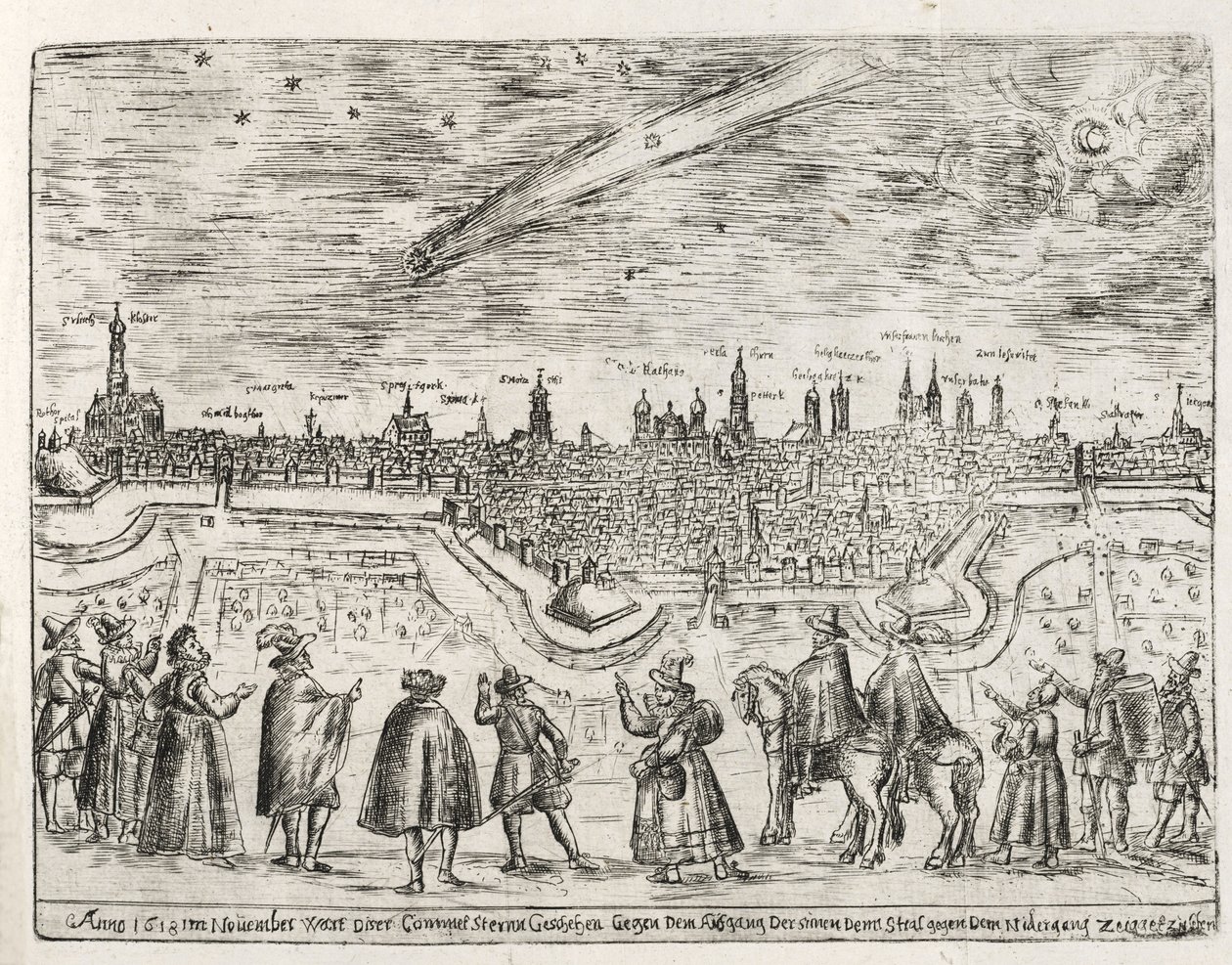 Cometa vista su Augusta alla fine di novembre 1618, da Cometen Historia, pub. 1618 da German School