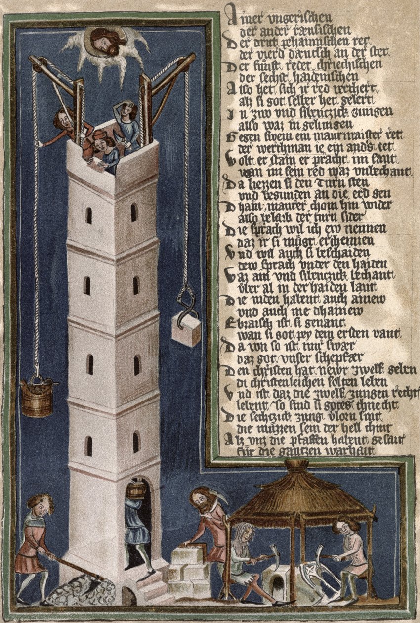 Costruzione della Torre di Babele, copia di un manoscritto del XV secolo da German School