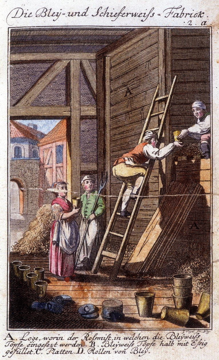 Artigianato: il produttore di biacca nella sua bottega. In "Descrizione completa delle arti e dei mestieri e delle botteghe per i giovani" di Johan Peter Vue. Ed. Norimberga, Weigel e c da German School