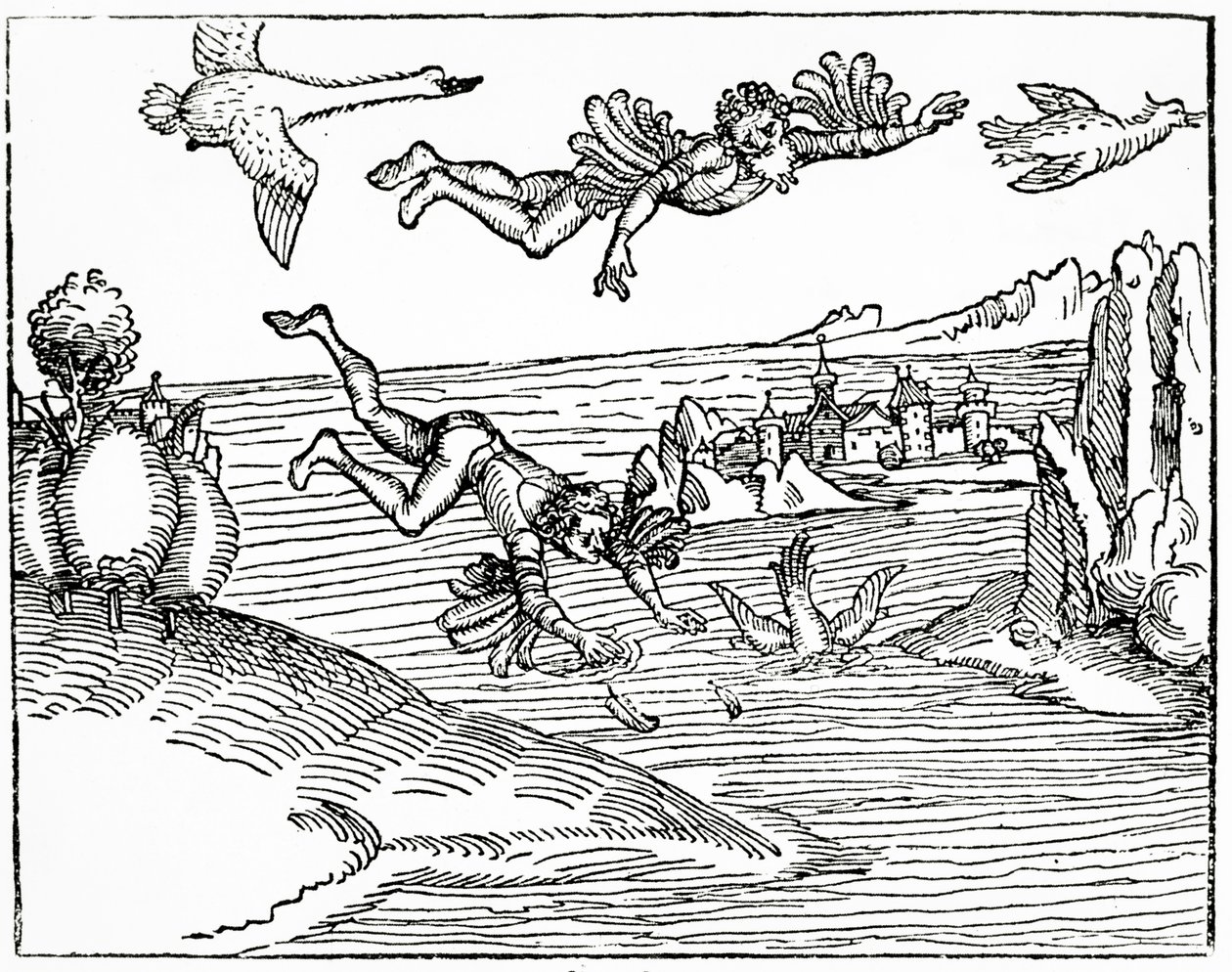 Dedalo, fuggendo da Creta con suo figlio Icaro, lo vede cadere verso la morte, 1493 da German School