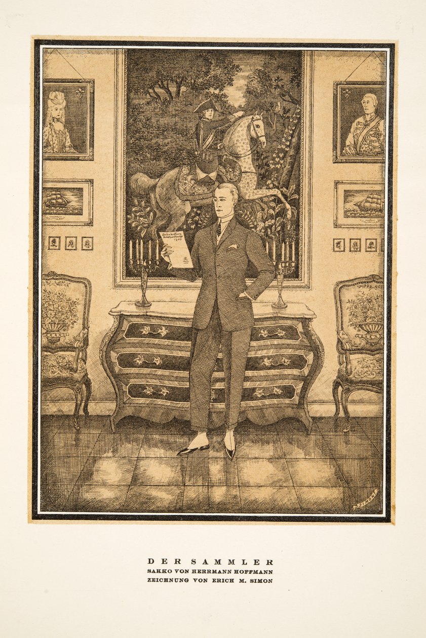 Der Sammler, pubblicità per la moda maschile di Hermann Hoffmann, da Styl, pub.1922 (stampa a pochoir) da German School